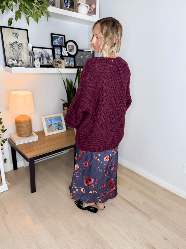 Odessa Chunky Cable Cardigan- MAROON