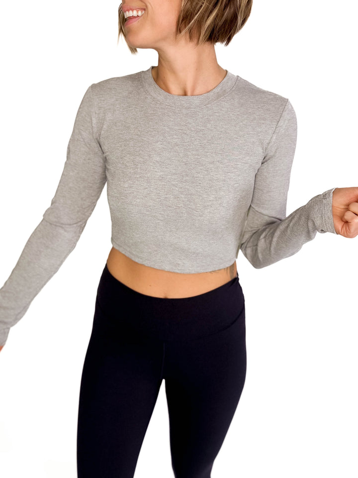 MONO B Linley Ribbed Crop Long Sleeve- HTHR GREY-FINAL SALE