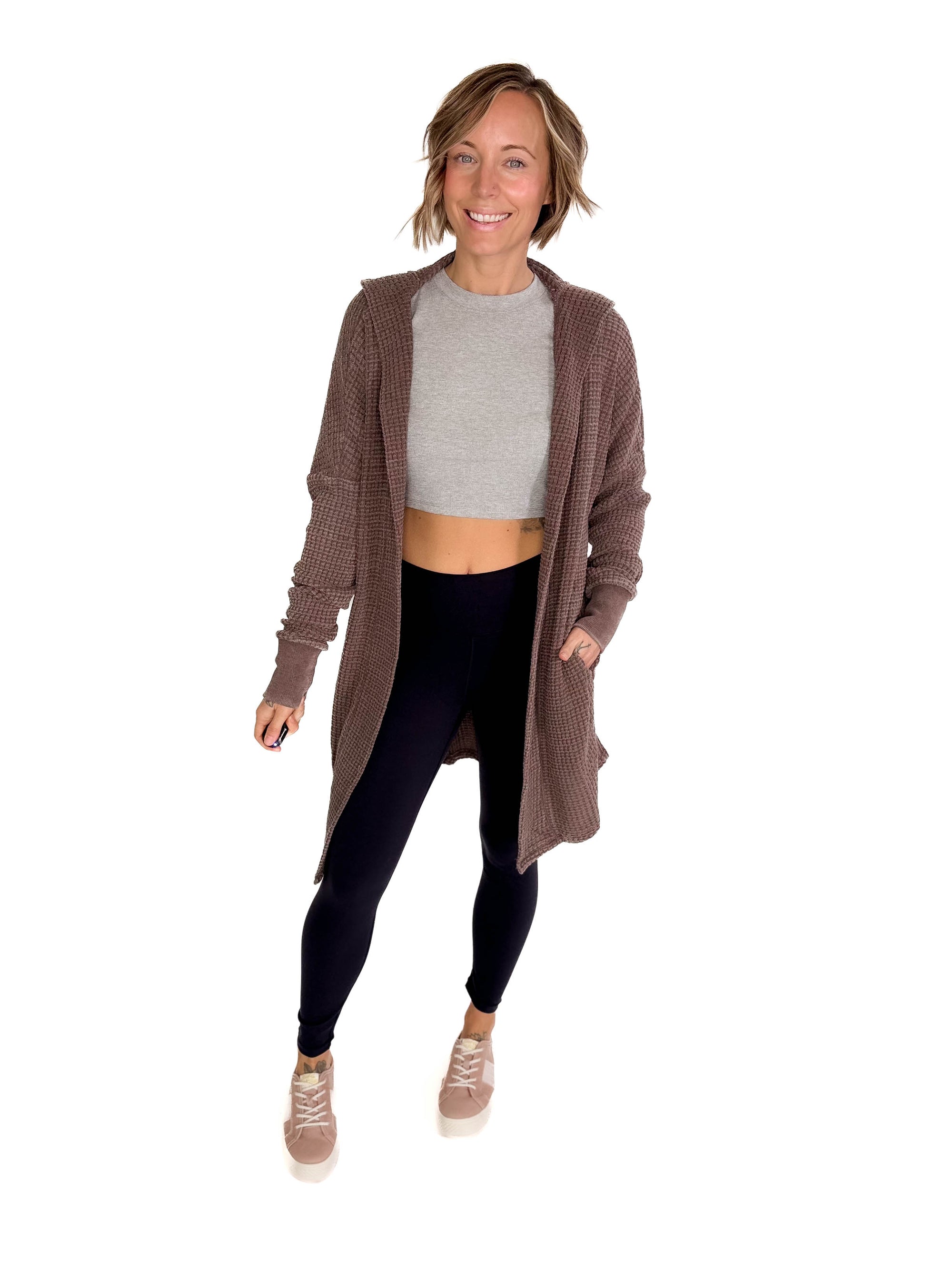 MONO B Freya Chunky Waffle Hooded Cardigan- ESPRESSO