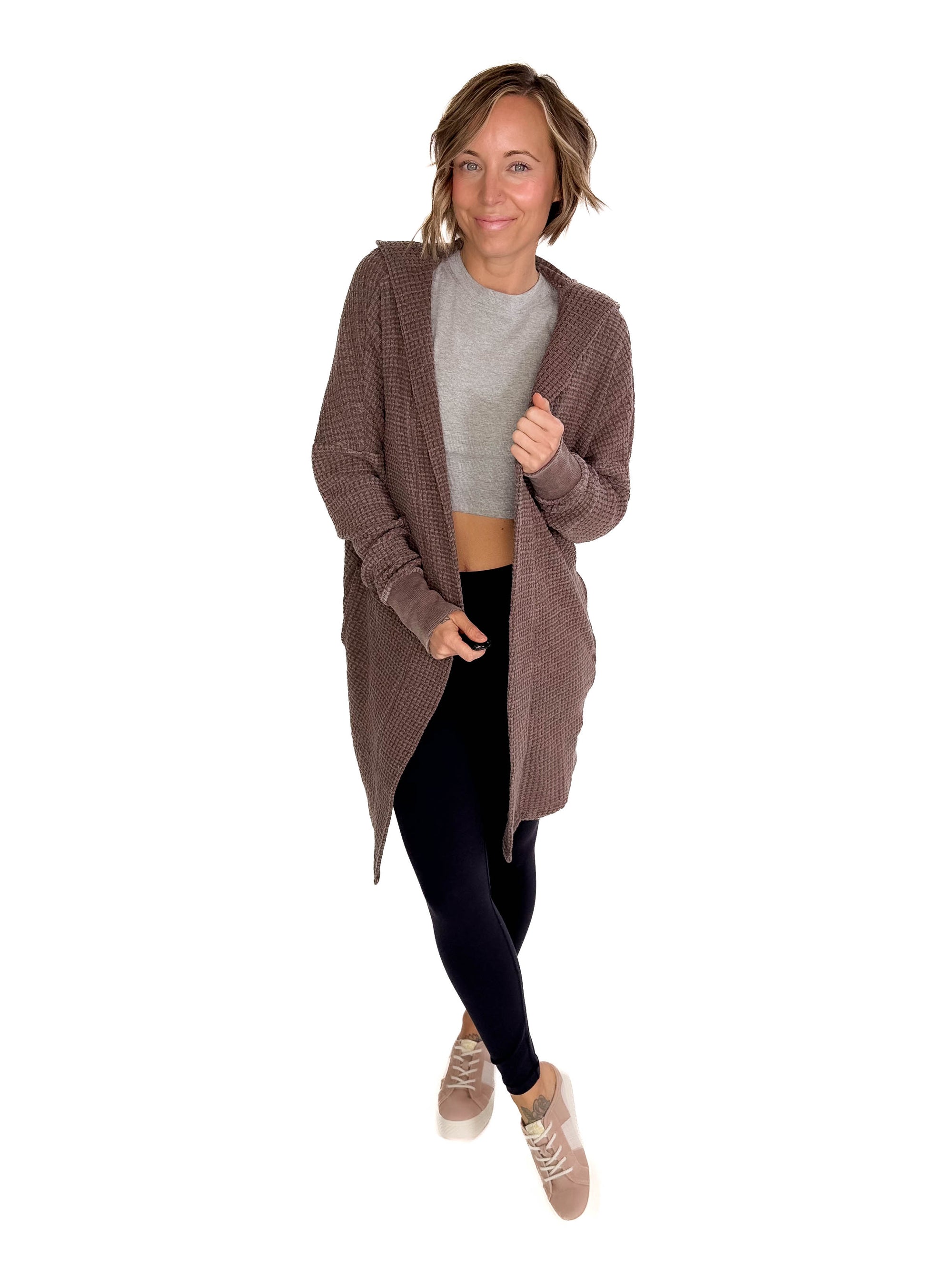 MONO B Freya Chunky Waffle Hooded Cardigan- ESPRESSO