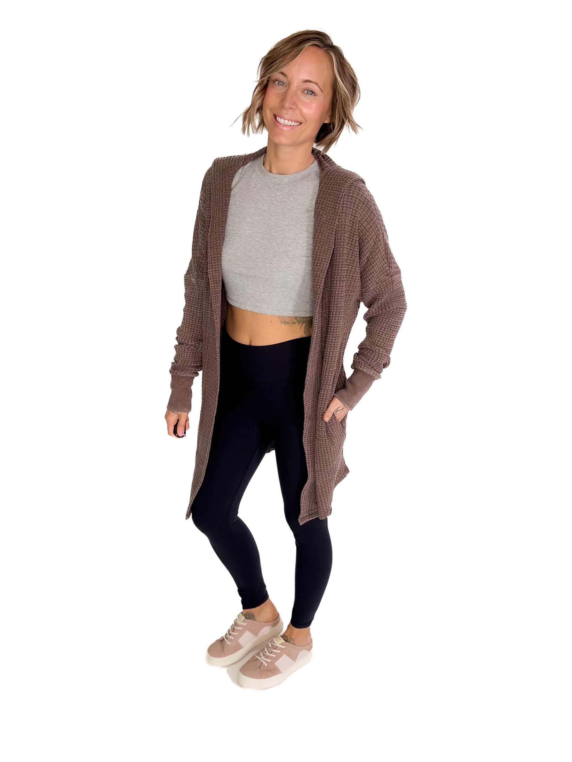 MONO B Freya Chunky Waffle Hooded Cardigan- ESPRESSO