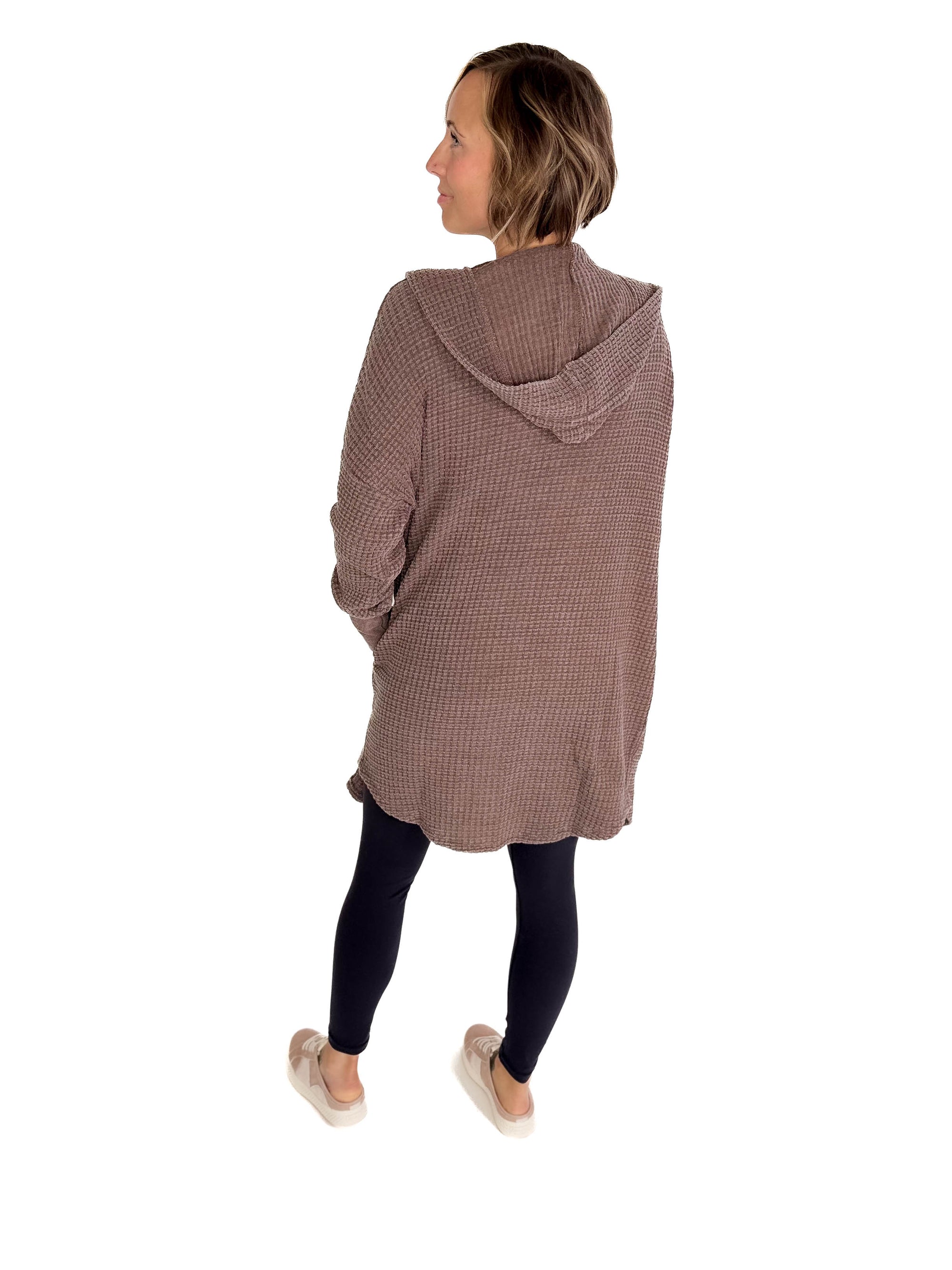 MONO B Freya Chunky Waffle Hooded Cardigan- ESPRESSO