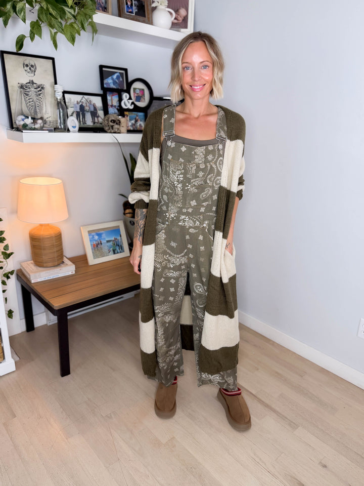 Emma Striped Long Knit Cardigan- OLIVE