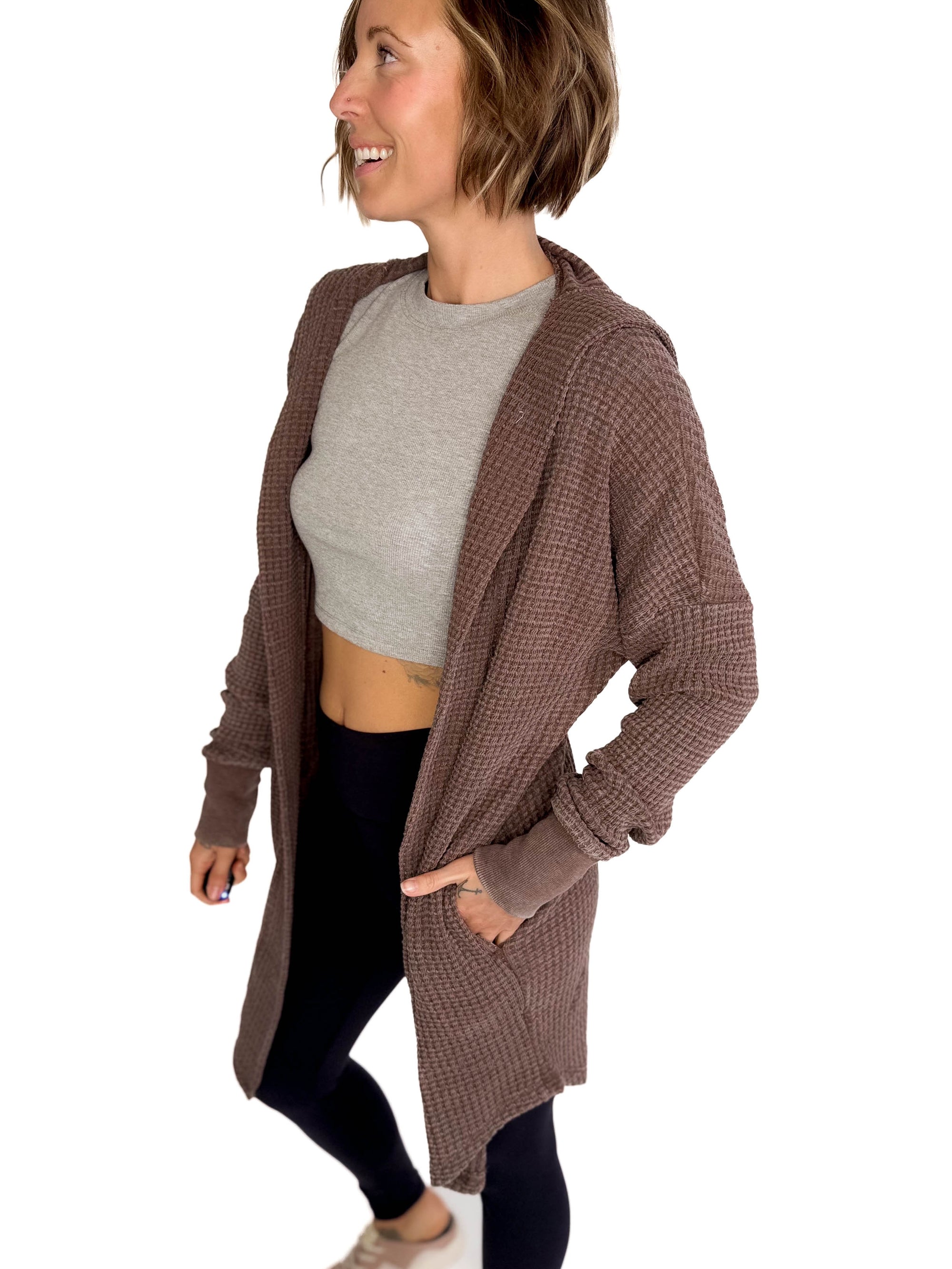 MONO B Freya Chunky Waffle Hooded Cardigan- ESPRESSO
