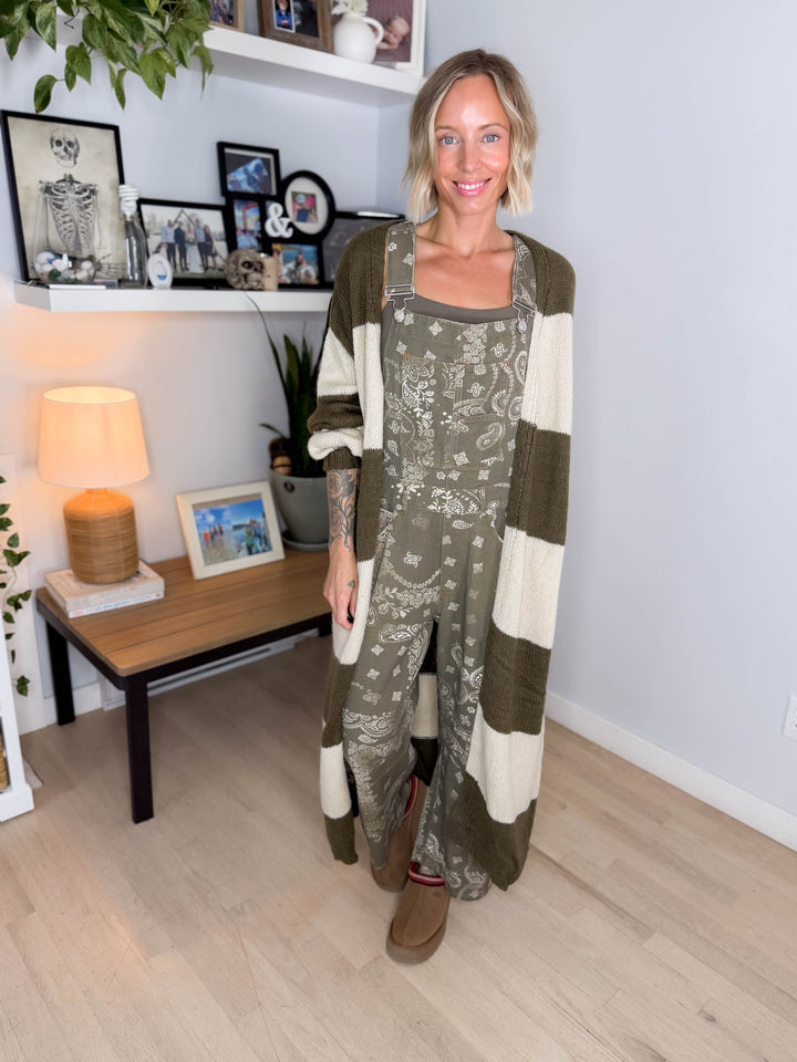 Emma Striped Long Knit Cardigan- OLIVE