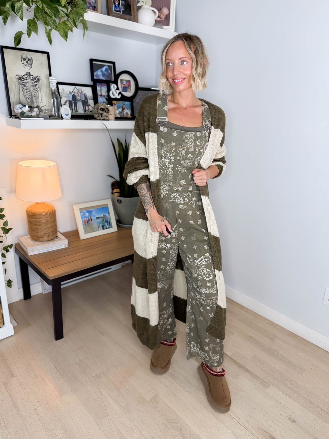 Emma Striped Long Knit Cardigan- OLIVE