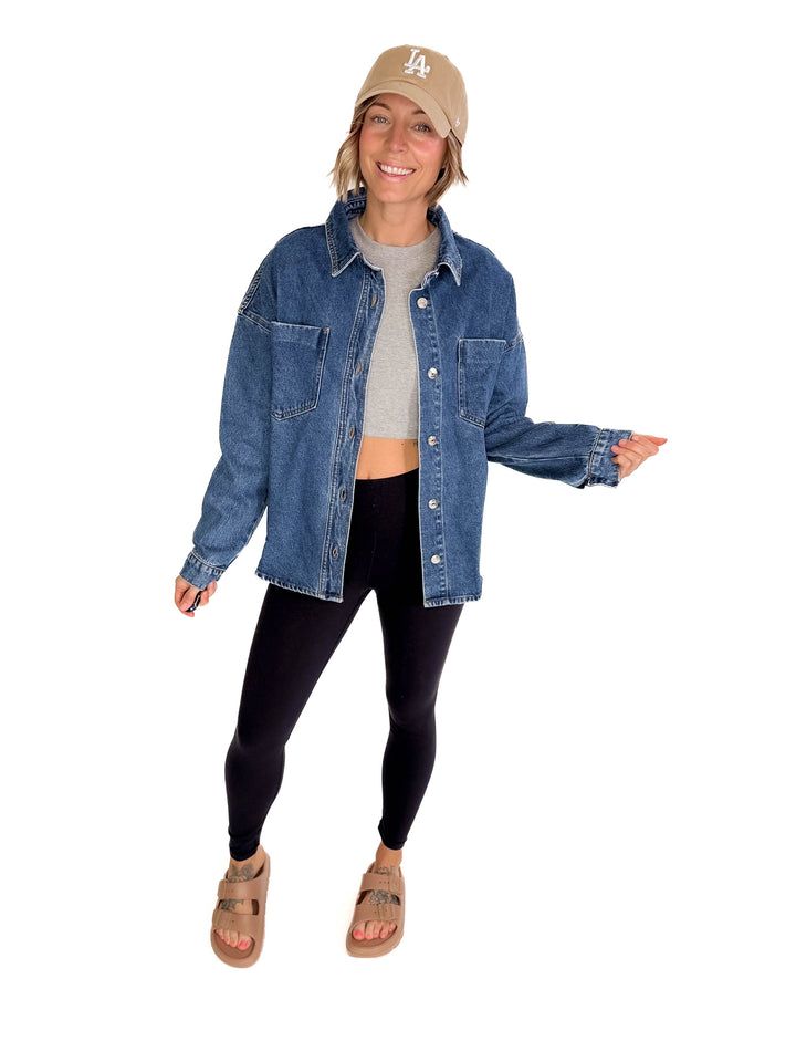 Elara Button Down Denim Jacket- DARK WASH