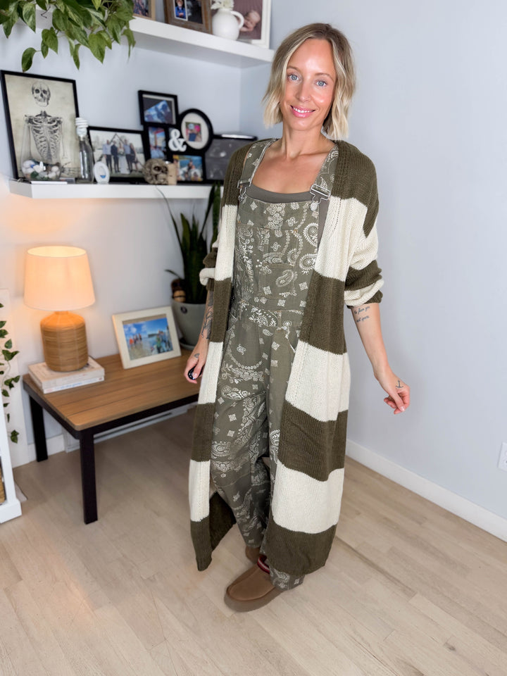 Emma Striped Long Knit Cardigan- OLIVE