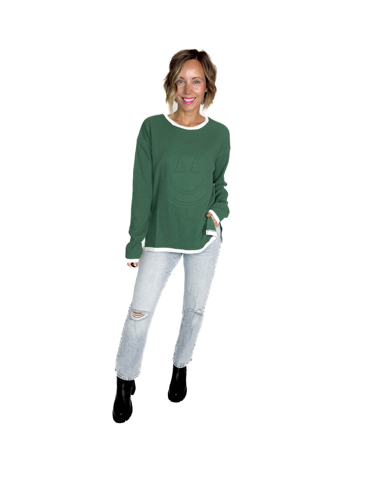 Christmas Smiley Waffle Pullover-FINAL SALE