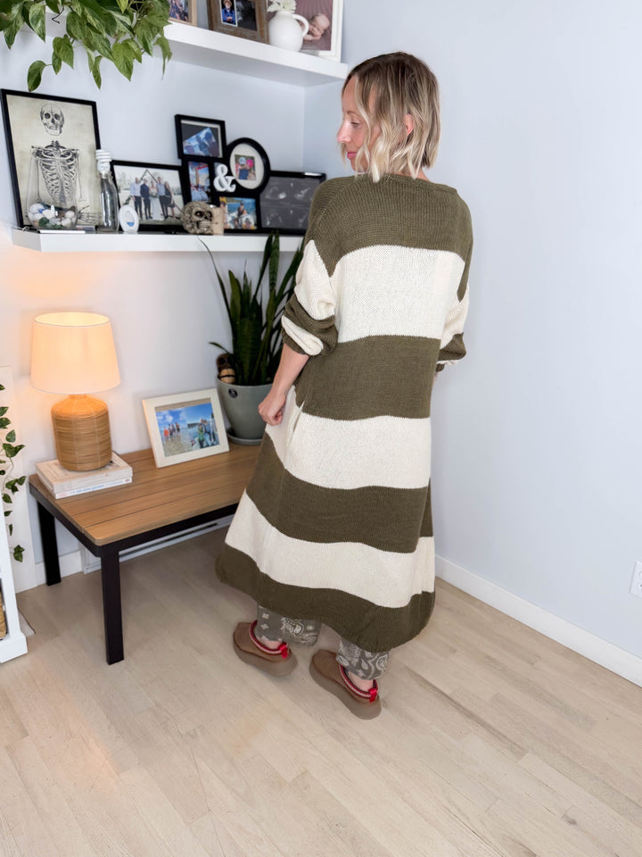 Emma Striped Long Knit Cardigan- OLIVE