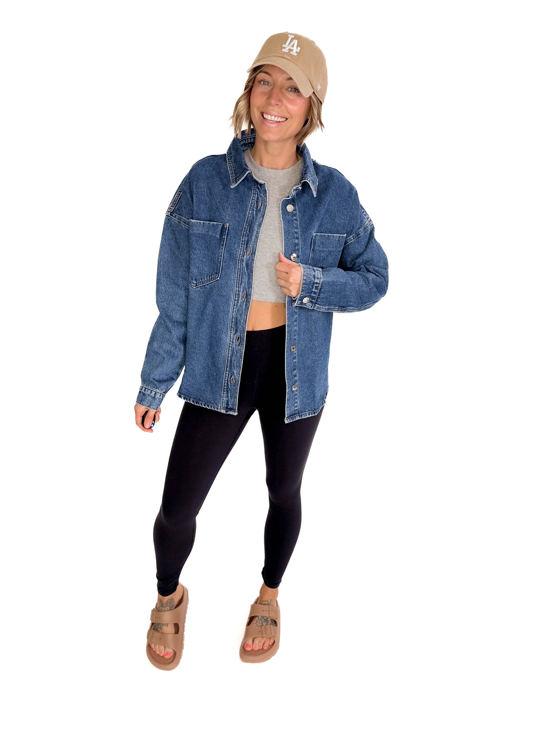 Elara Button Down Denim Jacket- DARK WASH
