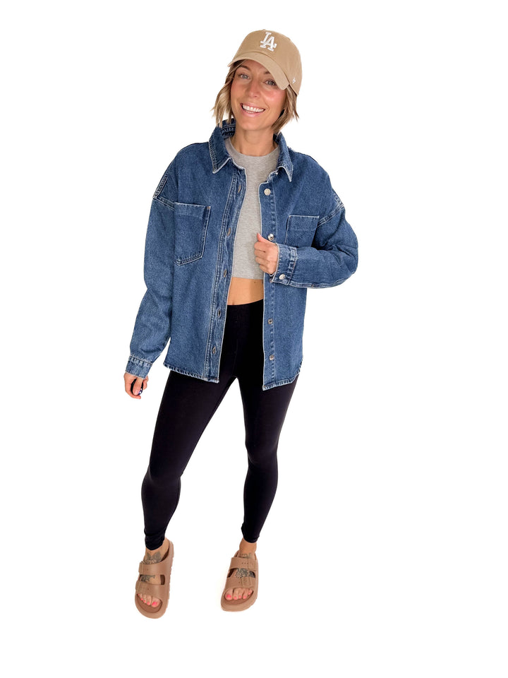 Elara Button Down Denim Jacket- DARK WASH