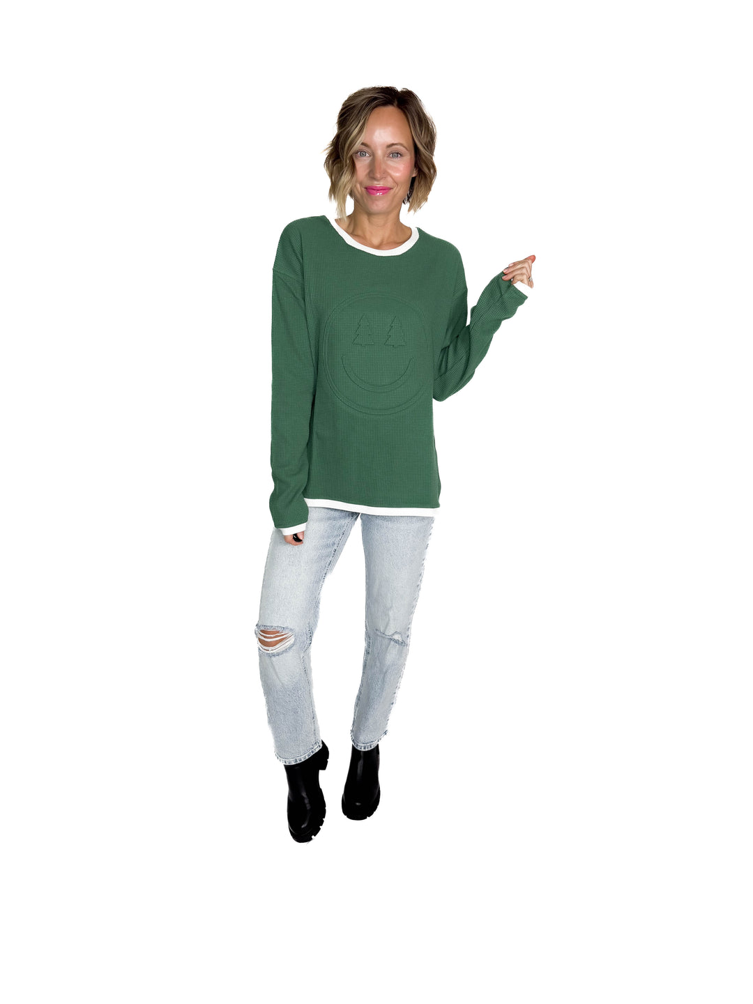 Christmas Smiley Waffle Pullover-FINAL SALE