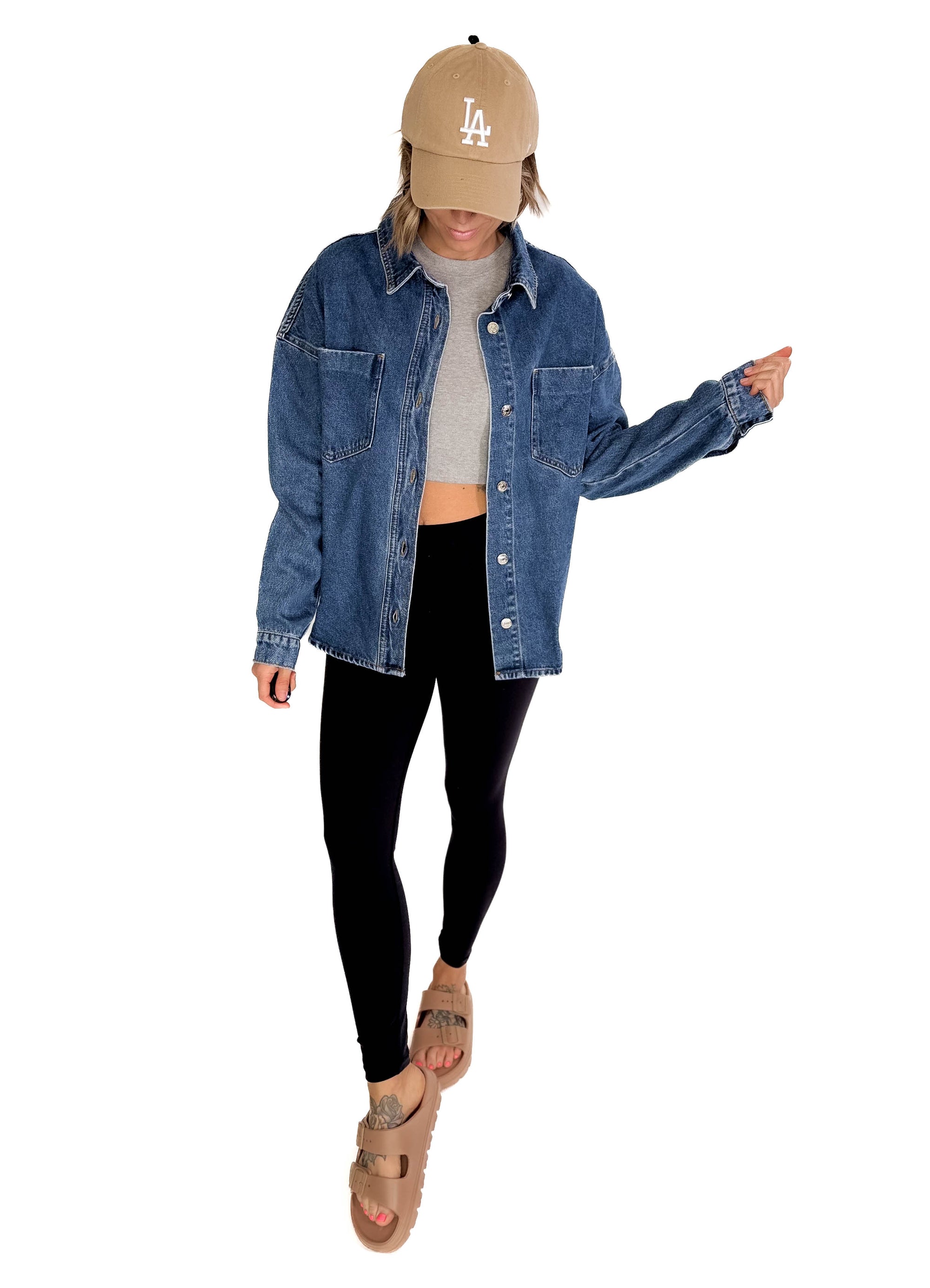 Elara Button Down Denim Jacket- DARK WASH
