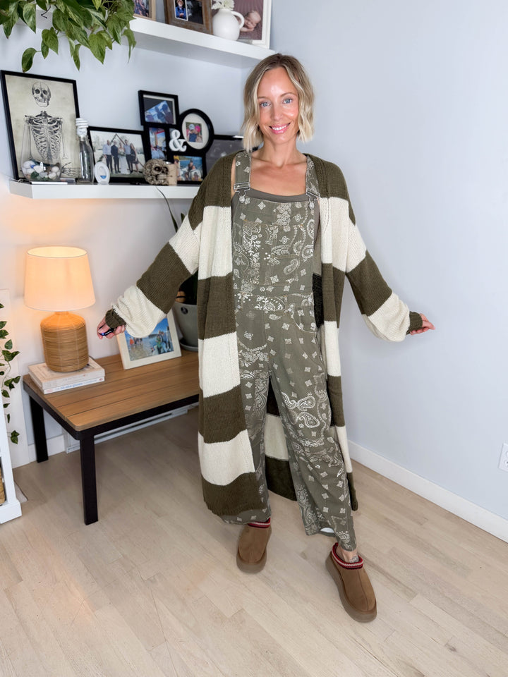 Emma Striped Long Knit Cardigan- OLIVE