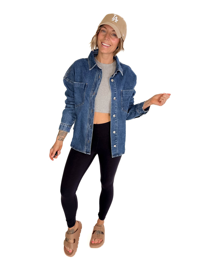 Elara Button Down Denim Jacket- DARK WASH
