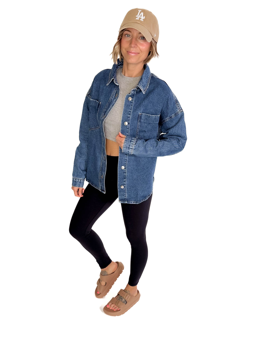 Elara Button Down Denim Jacket- DARK WASH