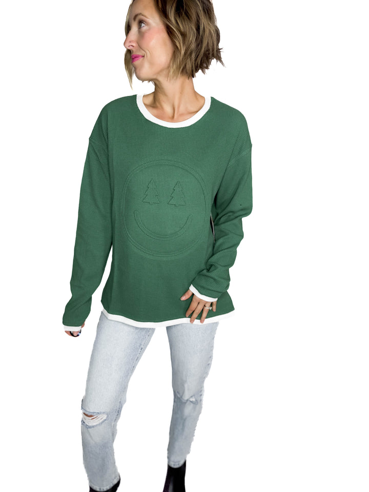 Christmas Smiley Waffle Pullover-FINAL SALE