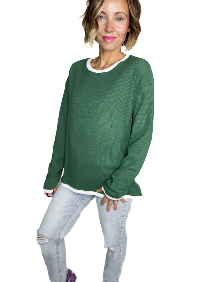 Christmas Smiley Waffle Pullover-FINAL SALE