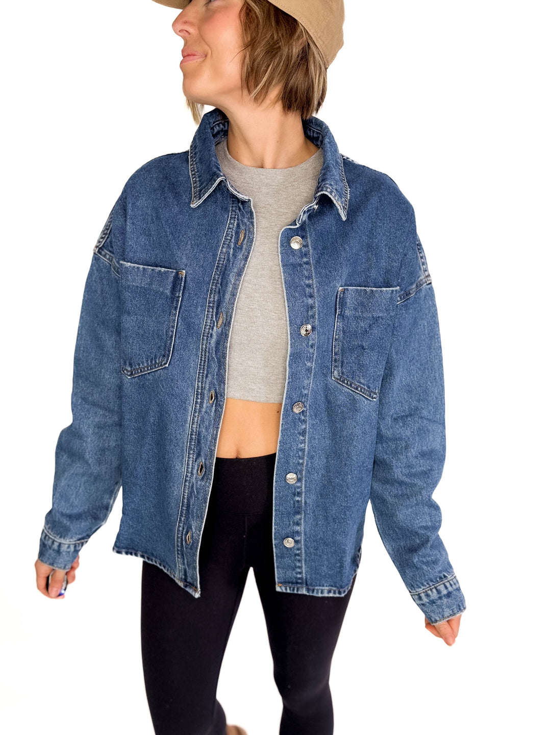 Elara Button Down Denim Jacket- DARK WASH
