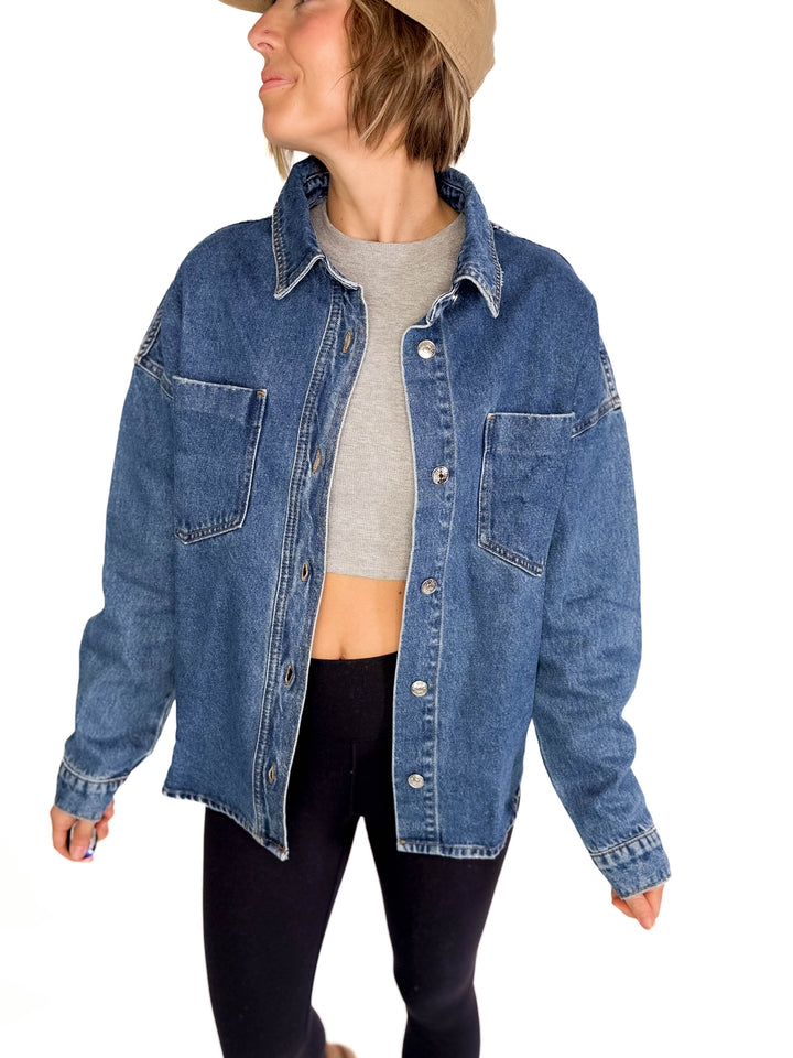 Elara Button Down Denim Jacket- DARK WASH