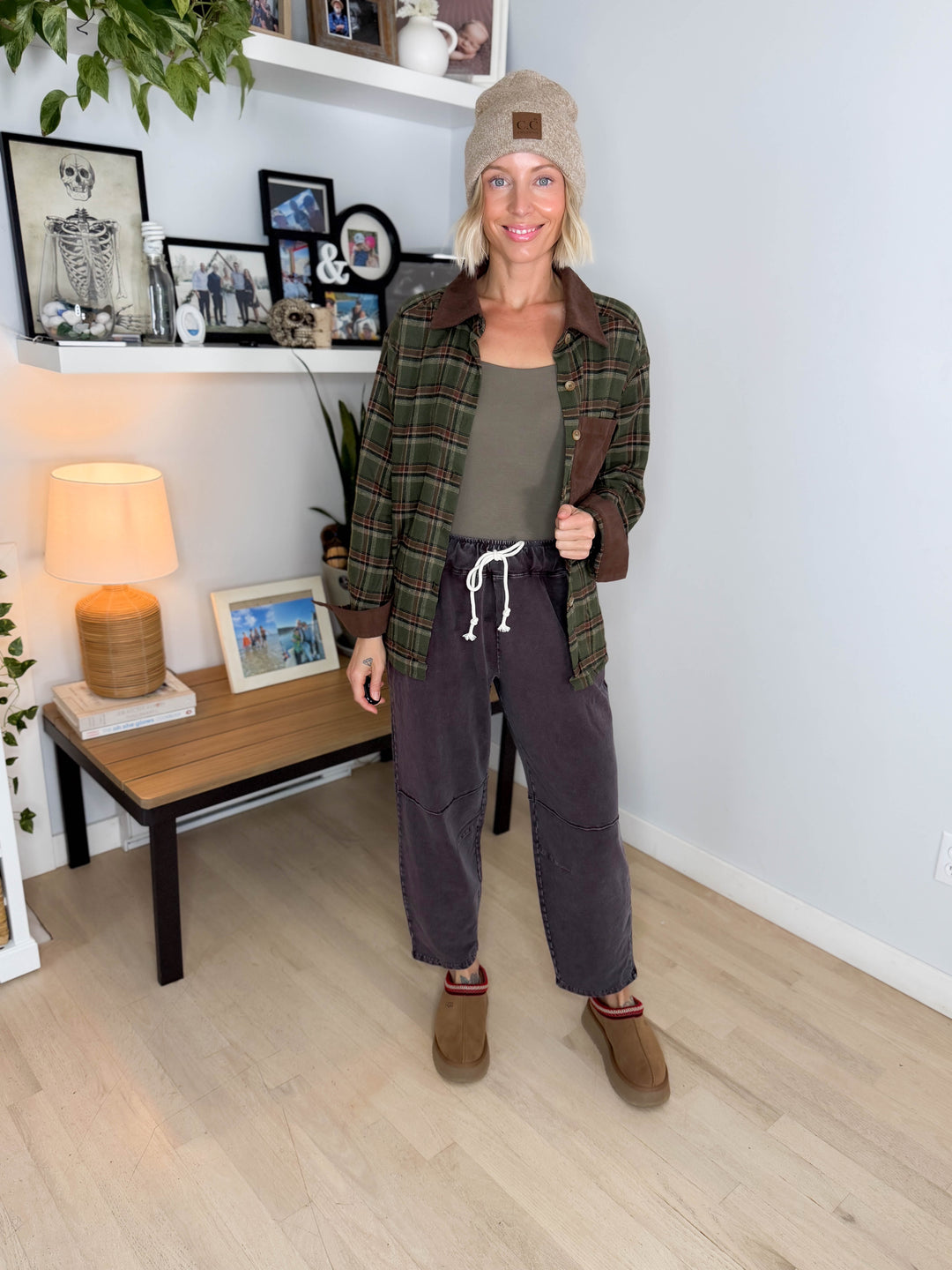 Cinder Corduroy Collared Long Sleeve Flannel- OLIVE