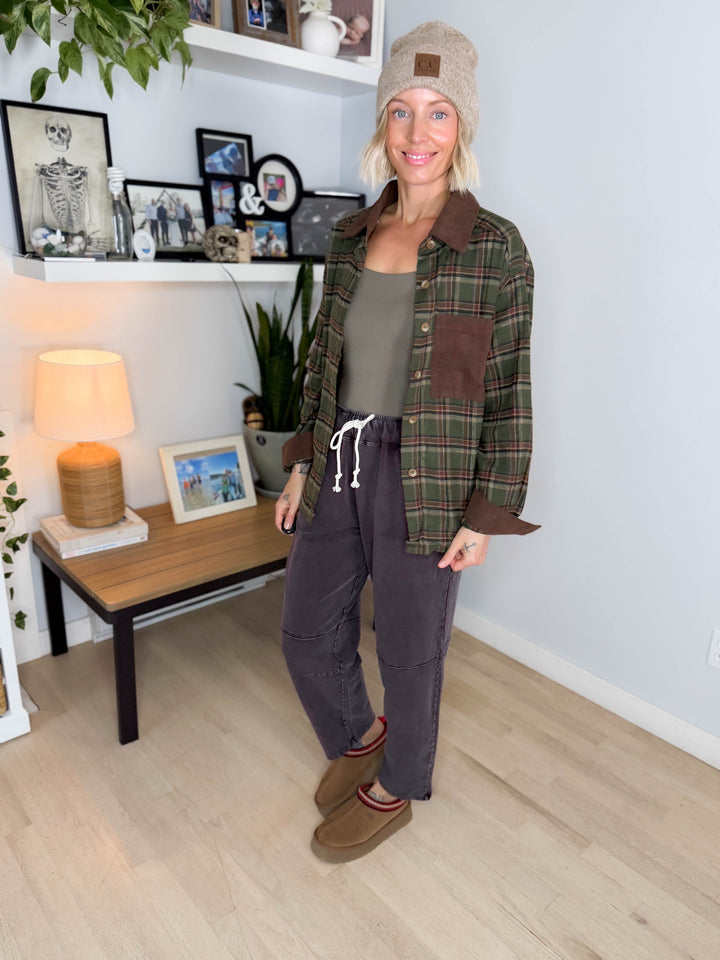 Cinder Corduroy Collared Long Sleeve Flannel- OLIVE