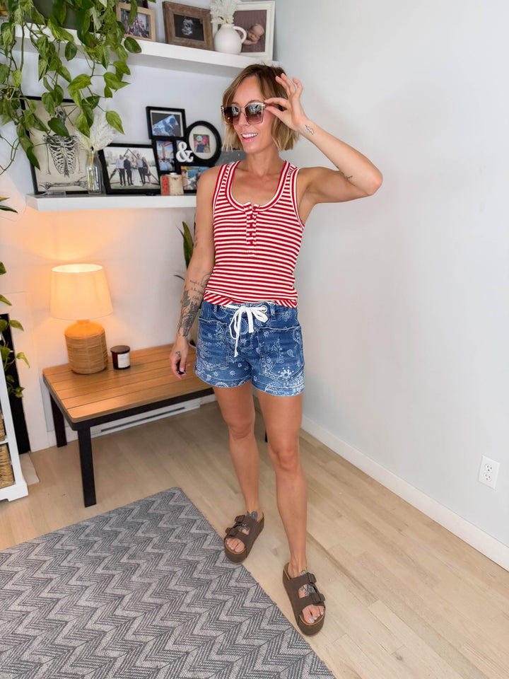 Coastal Charm Waffle Henley Tank- RED STRIPE