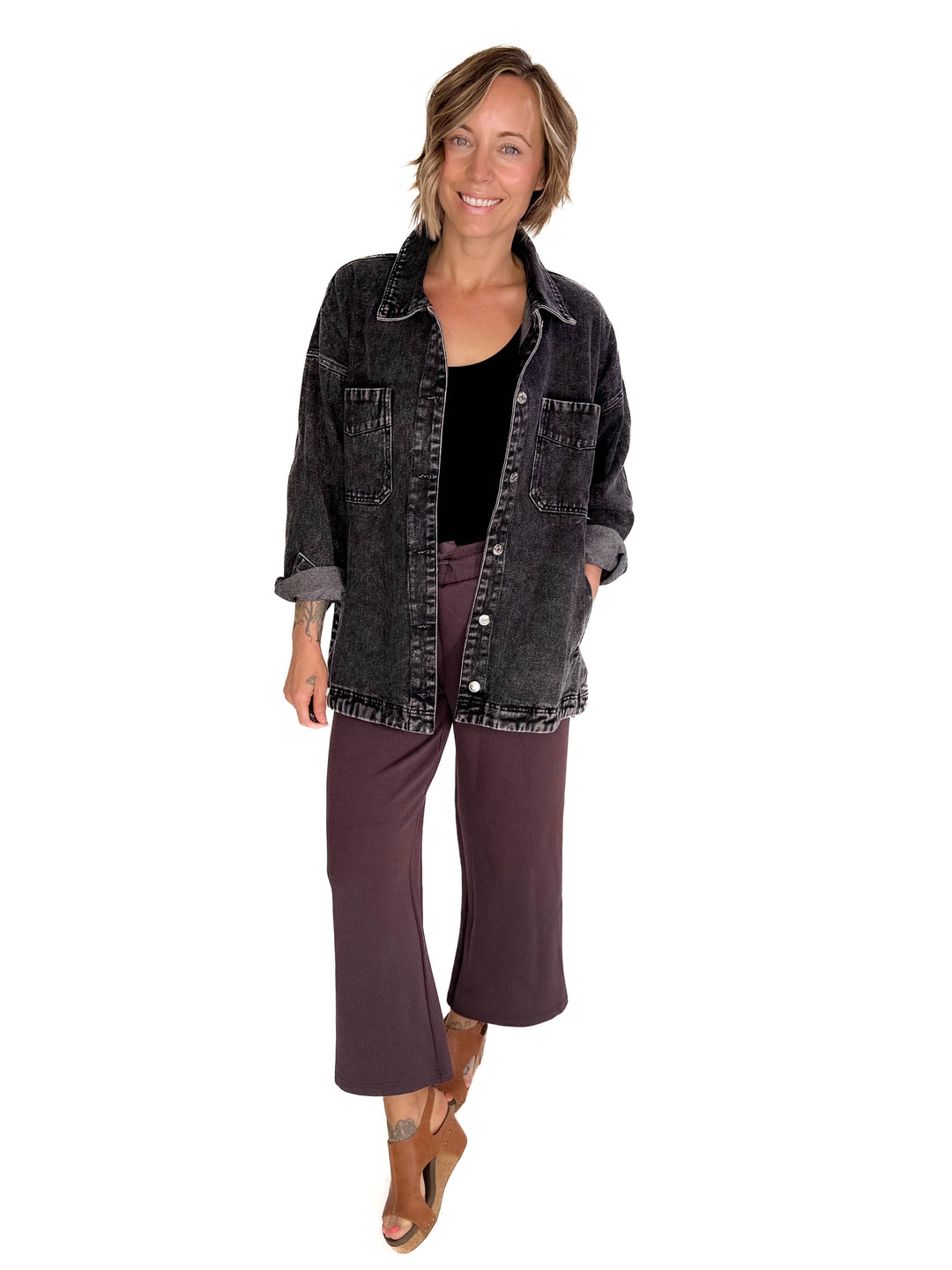 Nikki Button Down Denim Jacket- WASHED BLACK