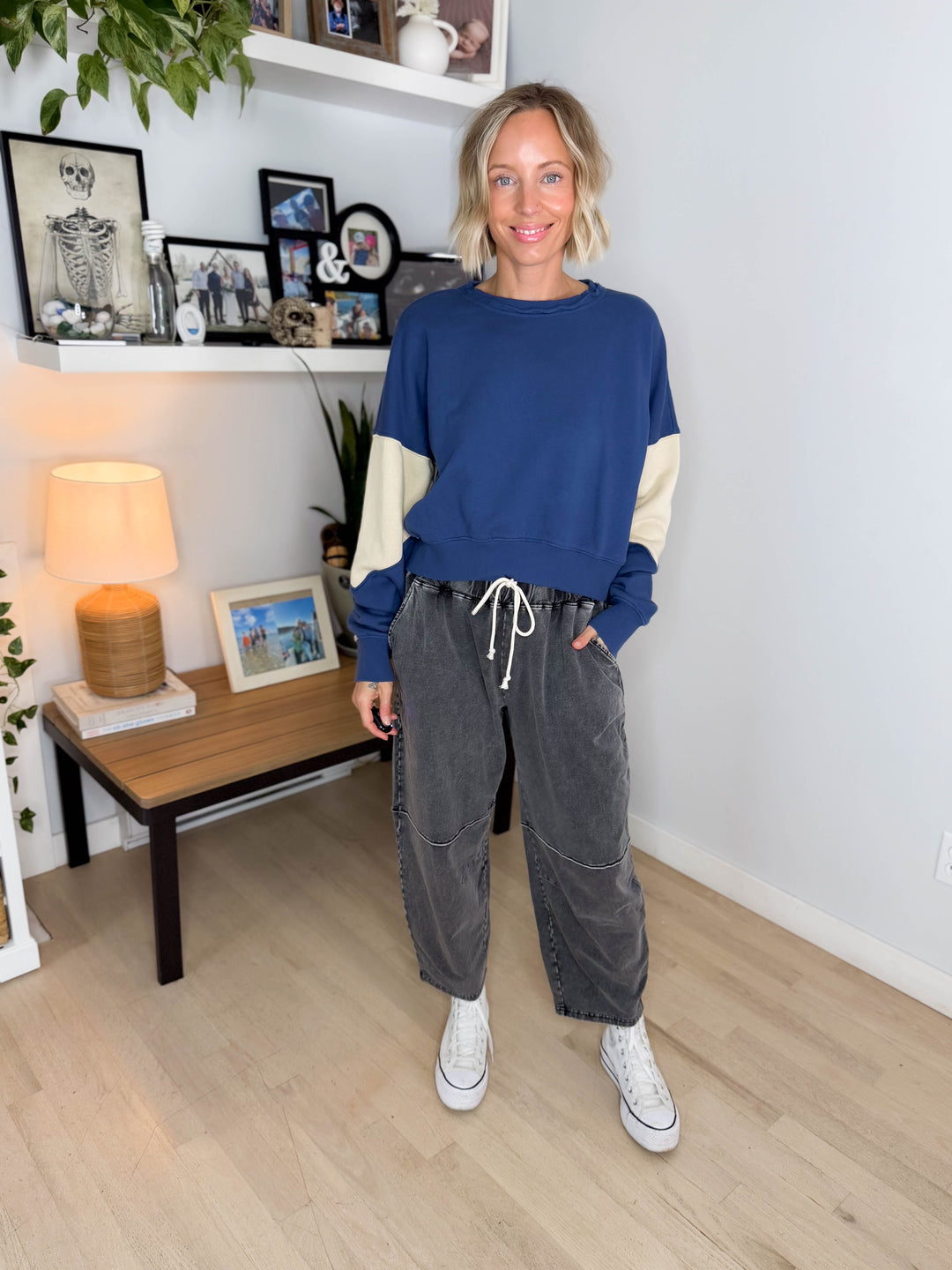 Mono B Tundra Vintage Crop Colour Block Sweatshirt- OCEAN/BONE