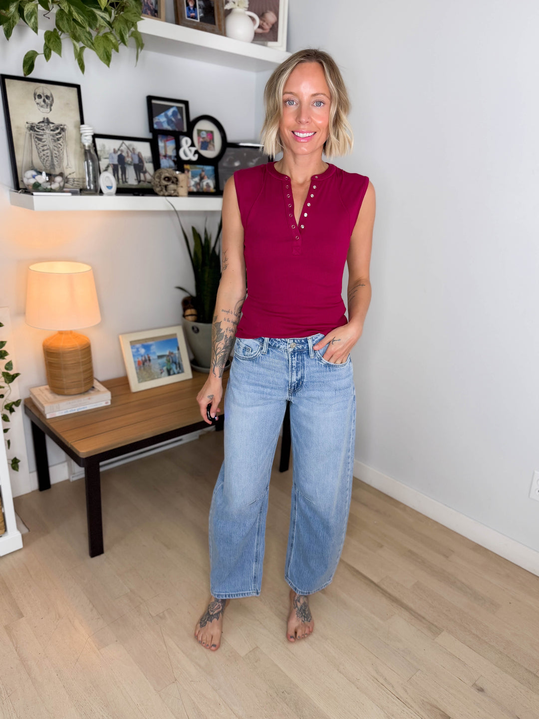 Mono B Emmer Micro Ribbed Henley- BRAMBLEBERRY