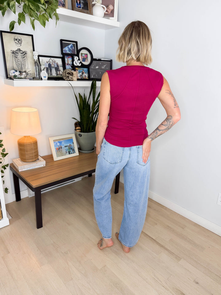 Mono B Emmer Micro Ribbed Henley- BRAMBLEBERRY