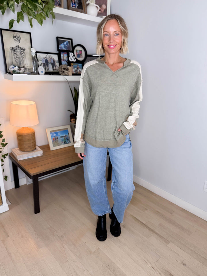 Elara Oversized Waffle Long Sleeve Pullover- SAGE