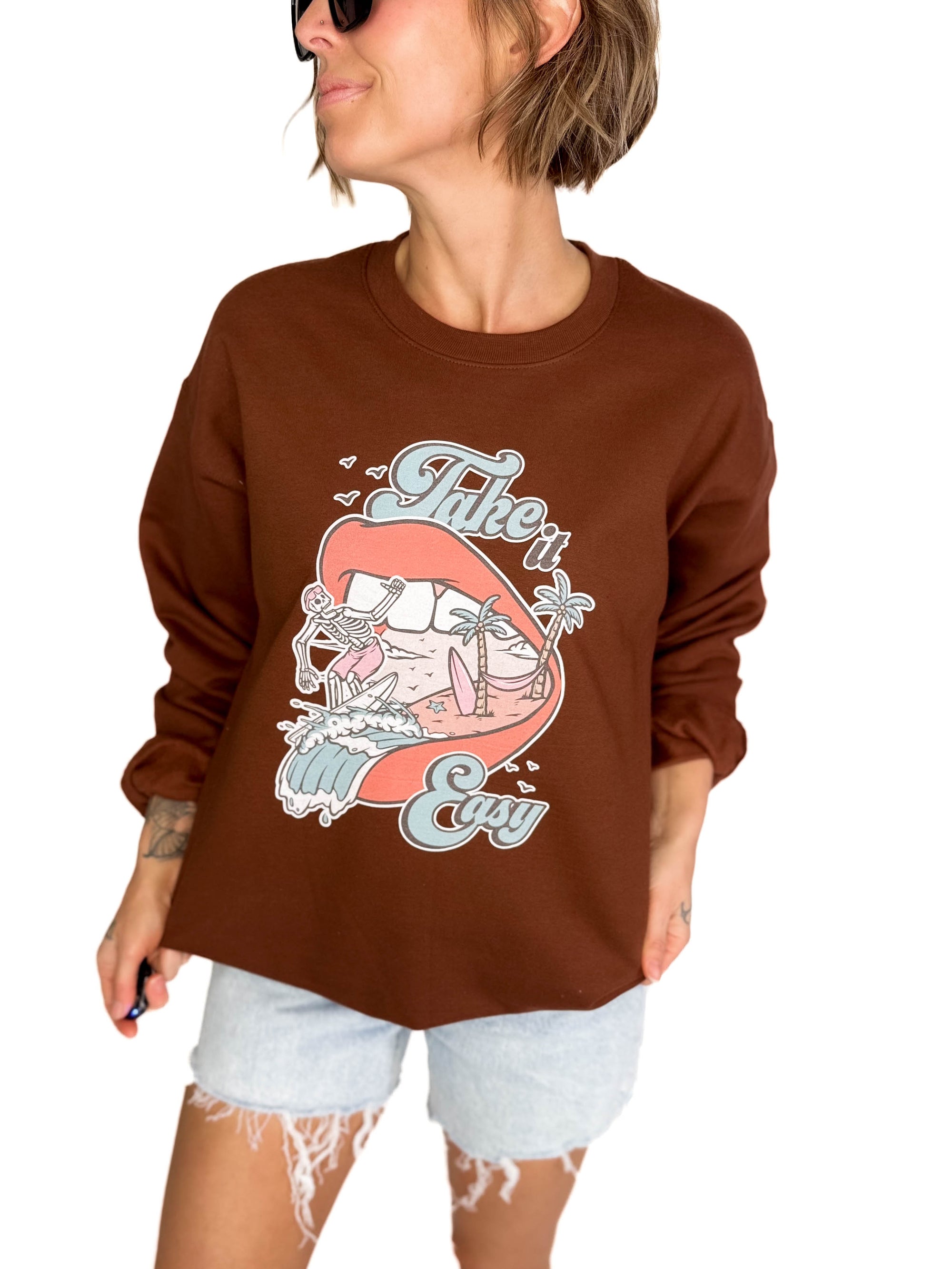 Take It Easy Graphic Crewneck- COCOA