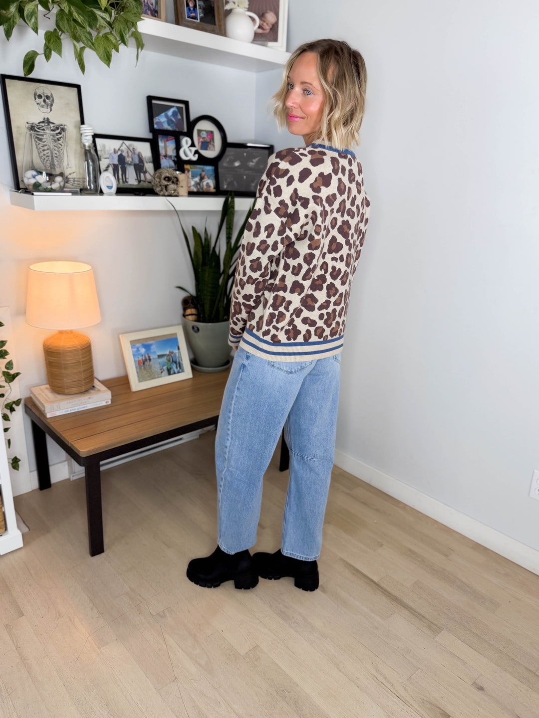 Ryder Colour Trimmed Leopard Crew Neck Sweater- BLUE