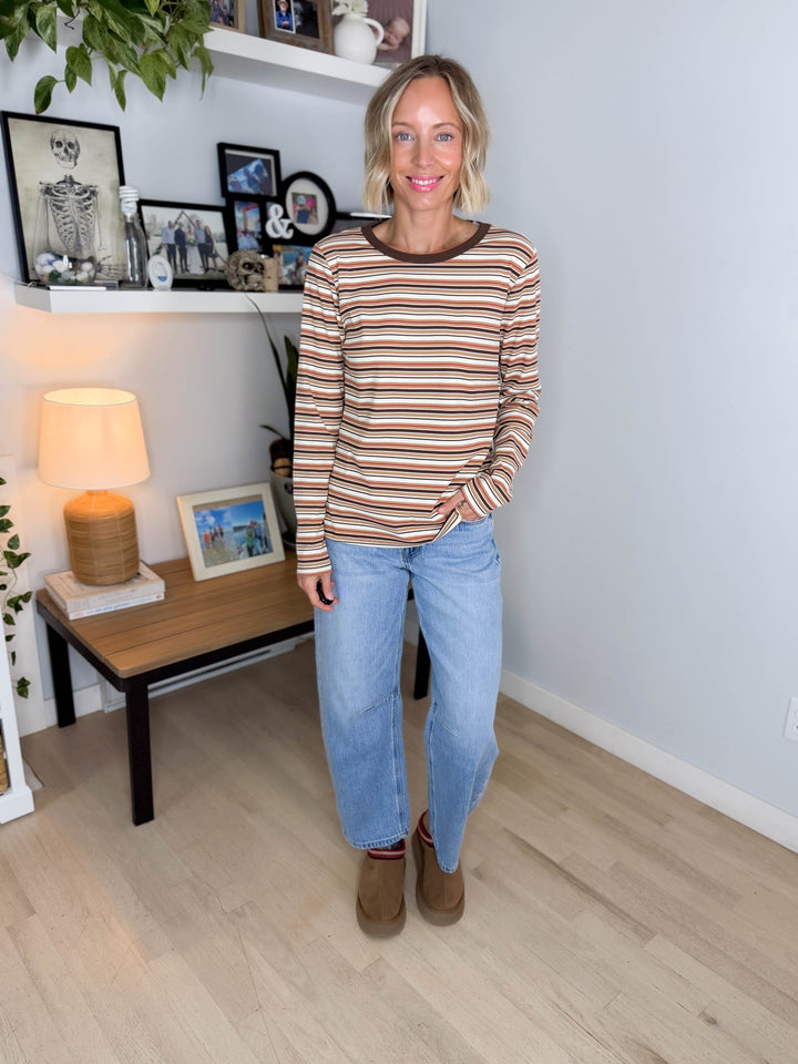 Alder Ribbed Crew Neck Long Sleeve- CAMEL/IVORY