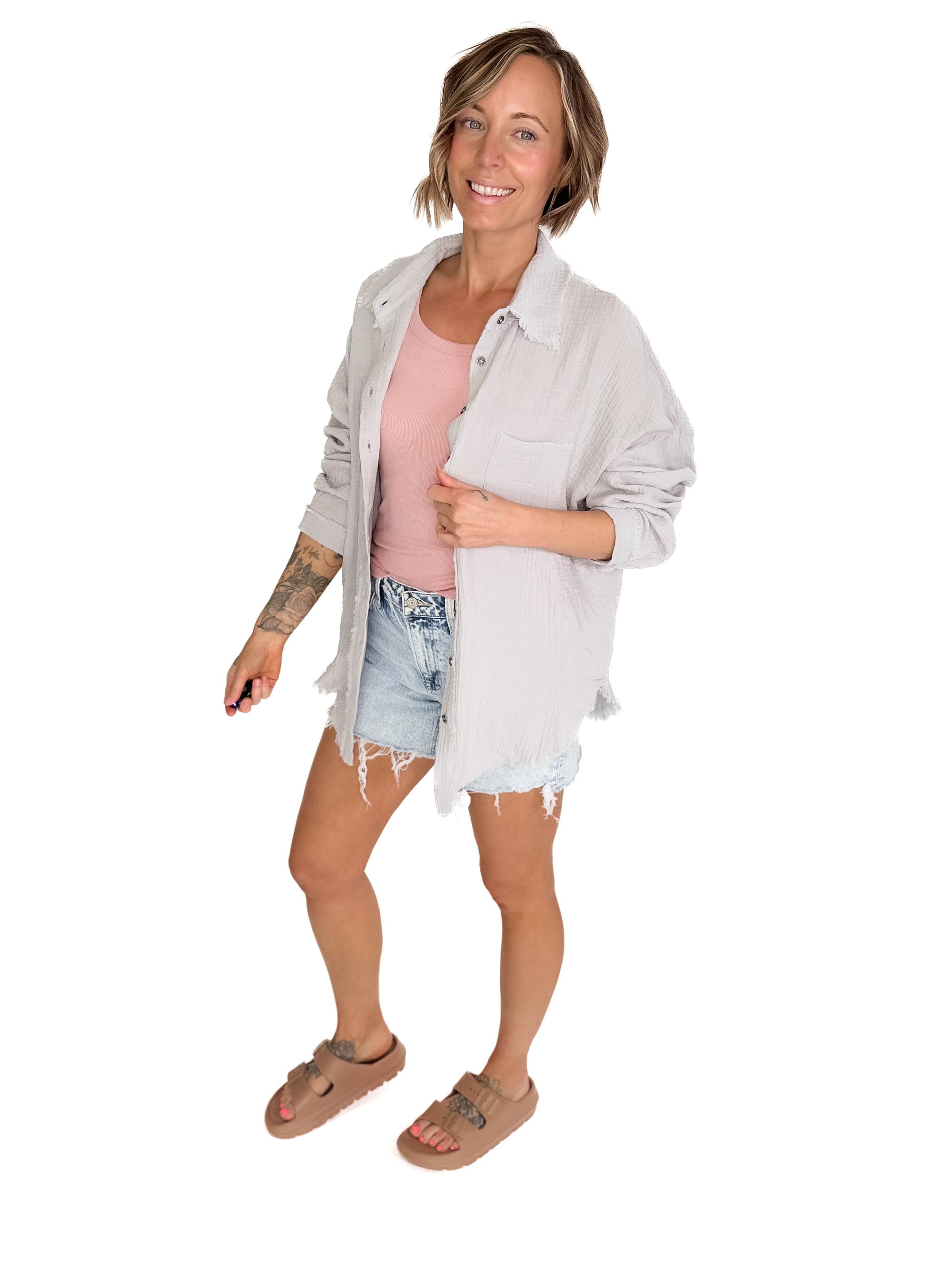 Portia Cotton Gauze Oversized Button Up- LT GREY