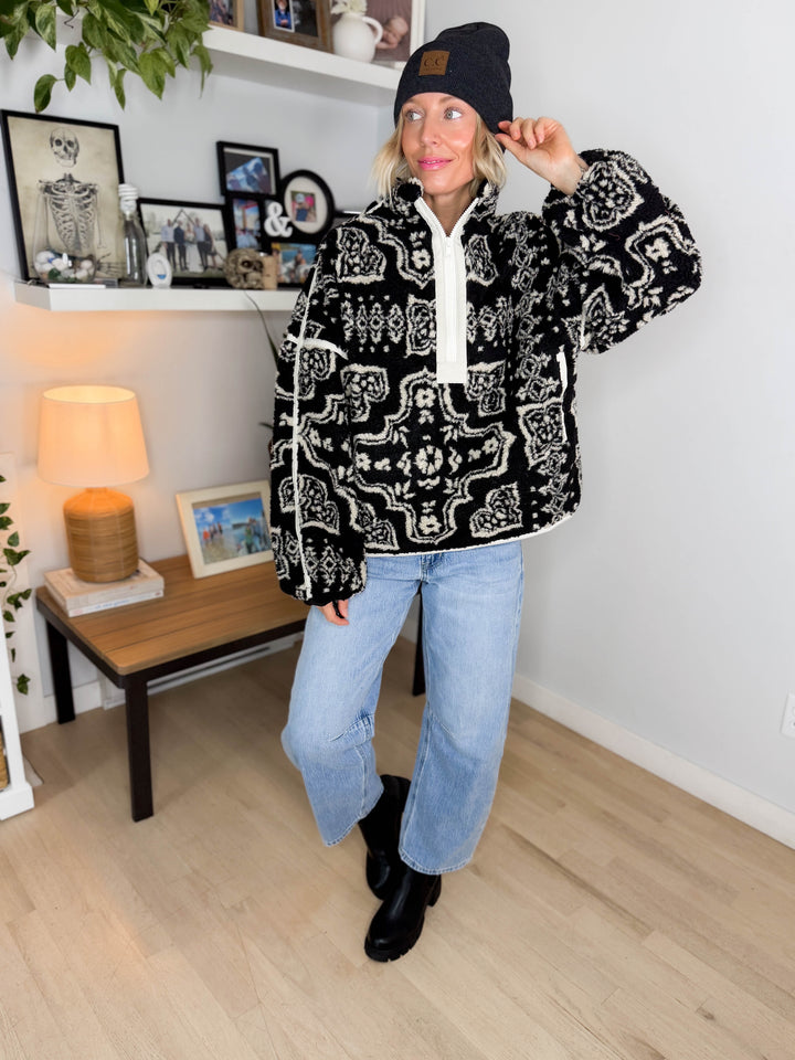 Koda Patterned Fleece 1/4 Zip Jacket- BLACK