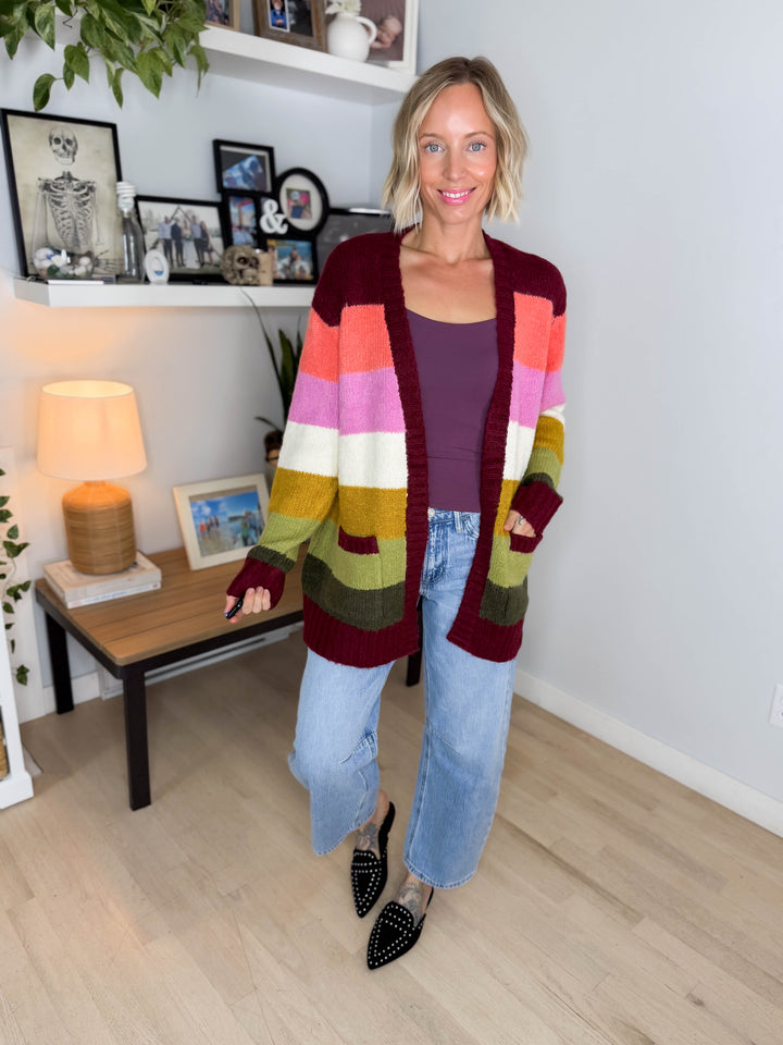 Ravina Multi Colour Blocked Pocket Cardigan- BURGUNDY
