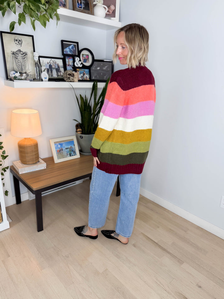 Ravina Multi Colour Blocked Pocket Cardigan- BURGUNDY