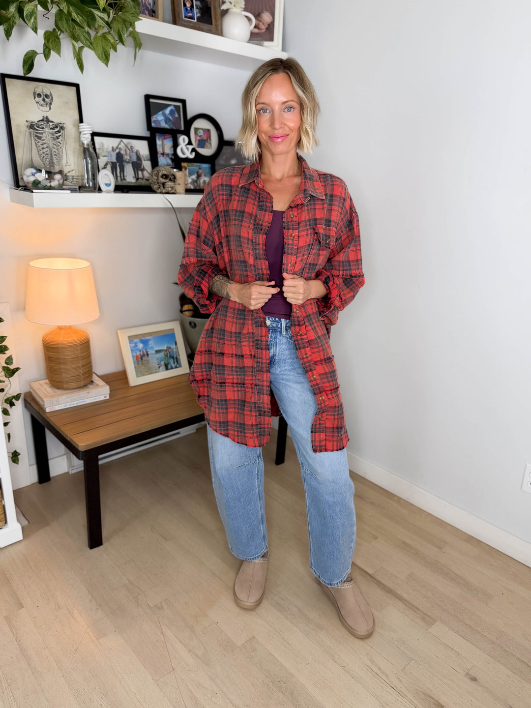 Fenton Oversized Cotton Plaid Button Down- PINKISH CORAL