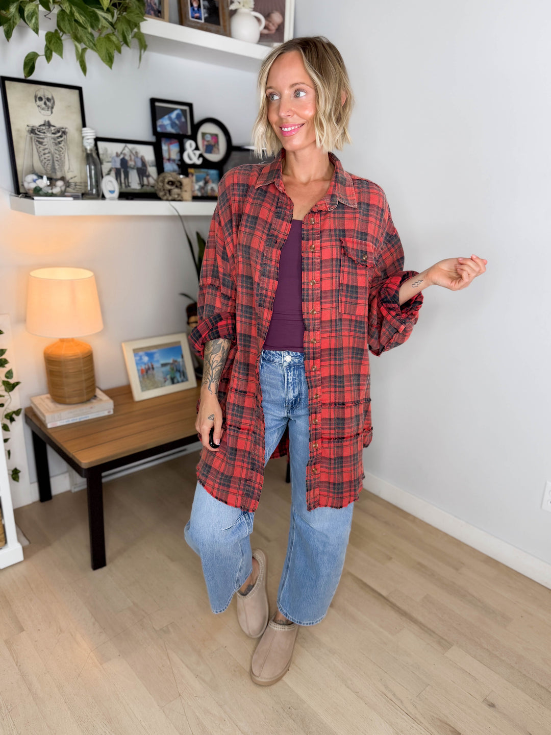 Fenton Oversized Cotton Plaid Button Down- PINKISH CORAL