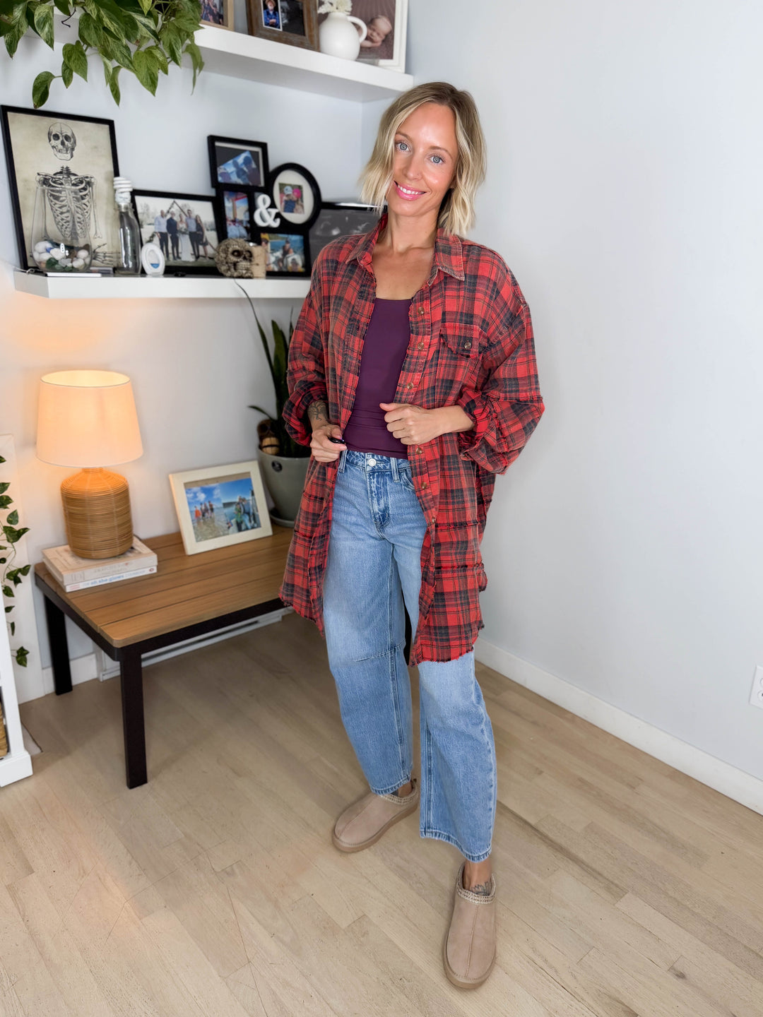 Fenton Oversized Cotton Plaid Button Down- PINKISH CORAL