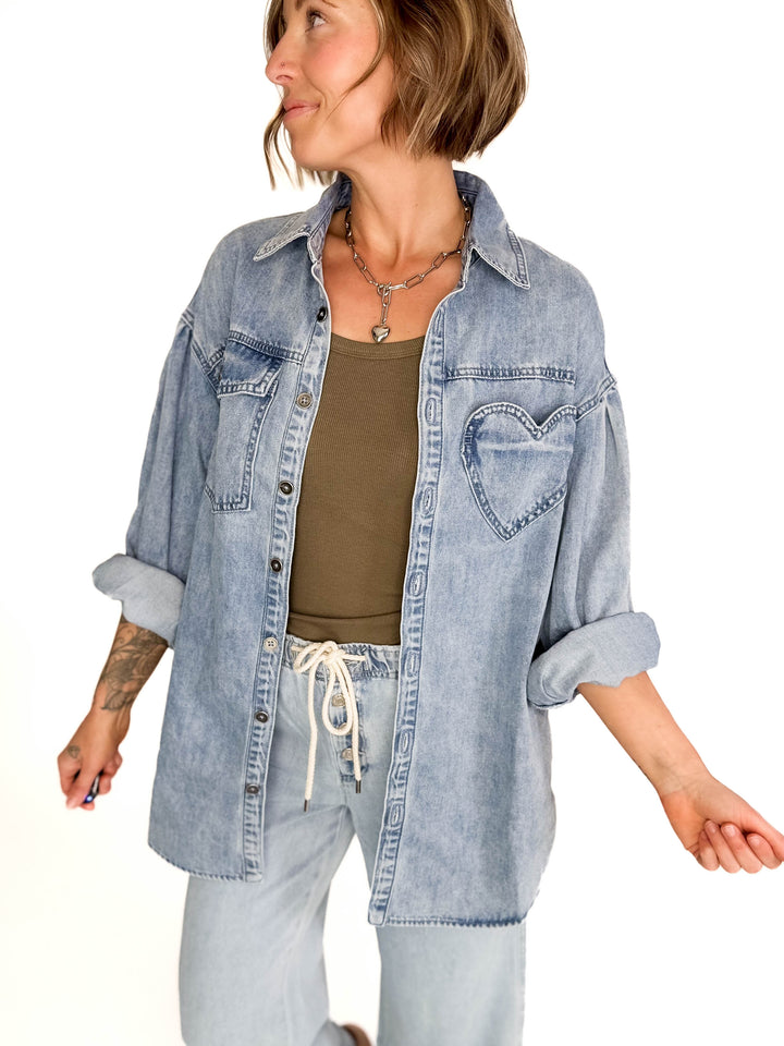 Heart Throb Denim Shacket- MEDIUM WASH