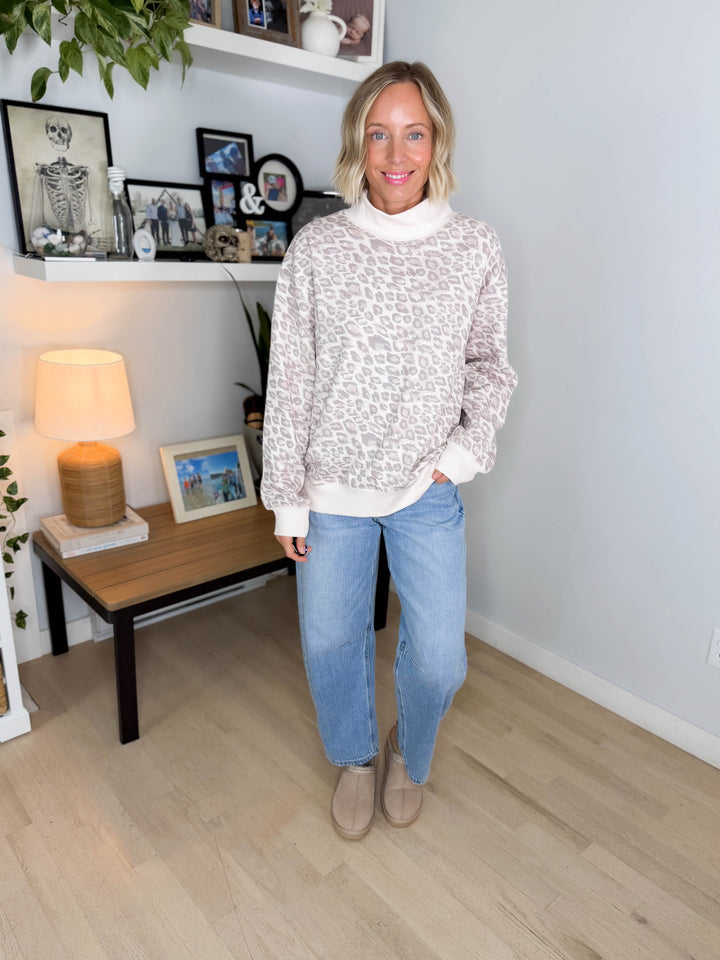 Peter Printed Mock Neck Sweatshirt- TAN/LEOPARD
