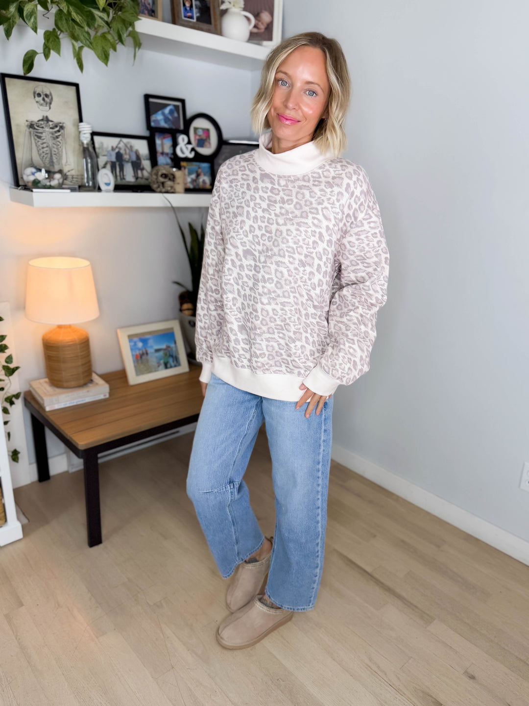 Peter Printed Mock Neck Sweatshirt- TAN/LEOPARD