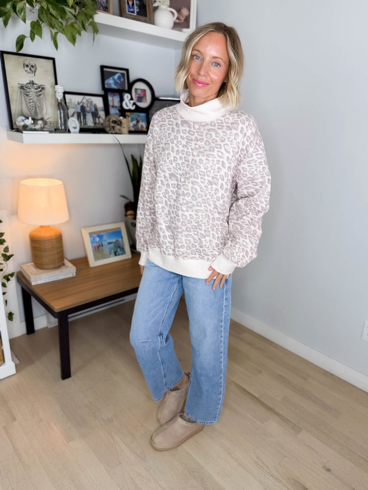 Peter Printed Mock Neck Sweatshirt- TAN/LEOPARD
