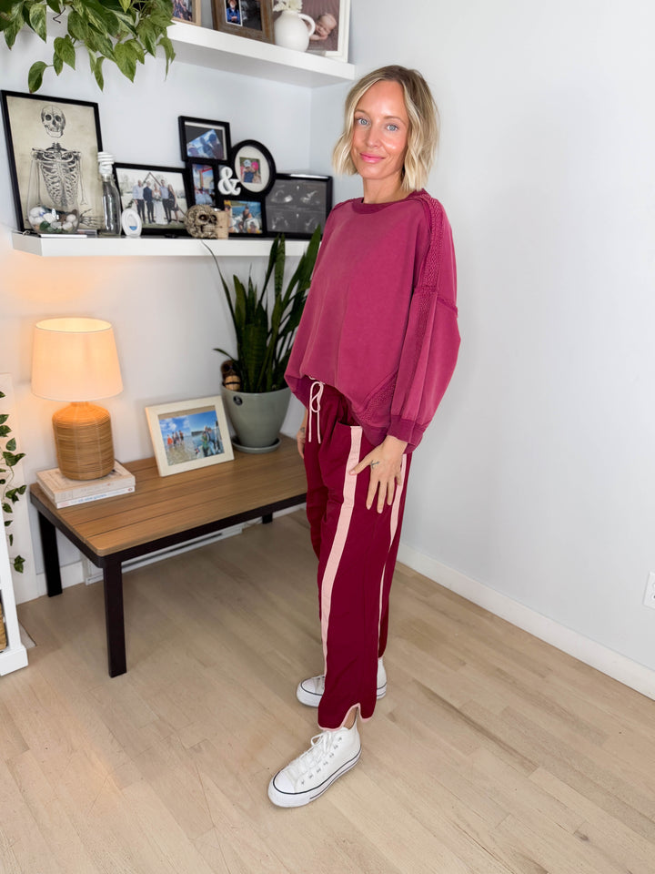Presscott Lace Trim Washed Cotton 3/4 Sleeve Pullover- CHERRY