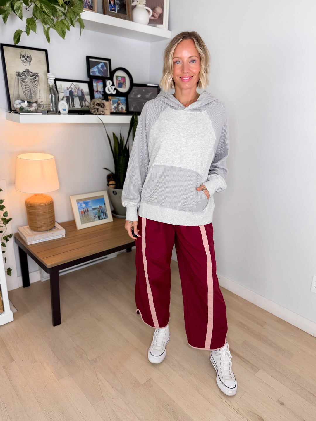 Sonoma Round Neck Waffle Knit Long Sleeve Hoodie- HEATHER GREY