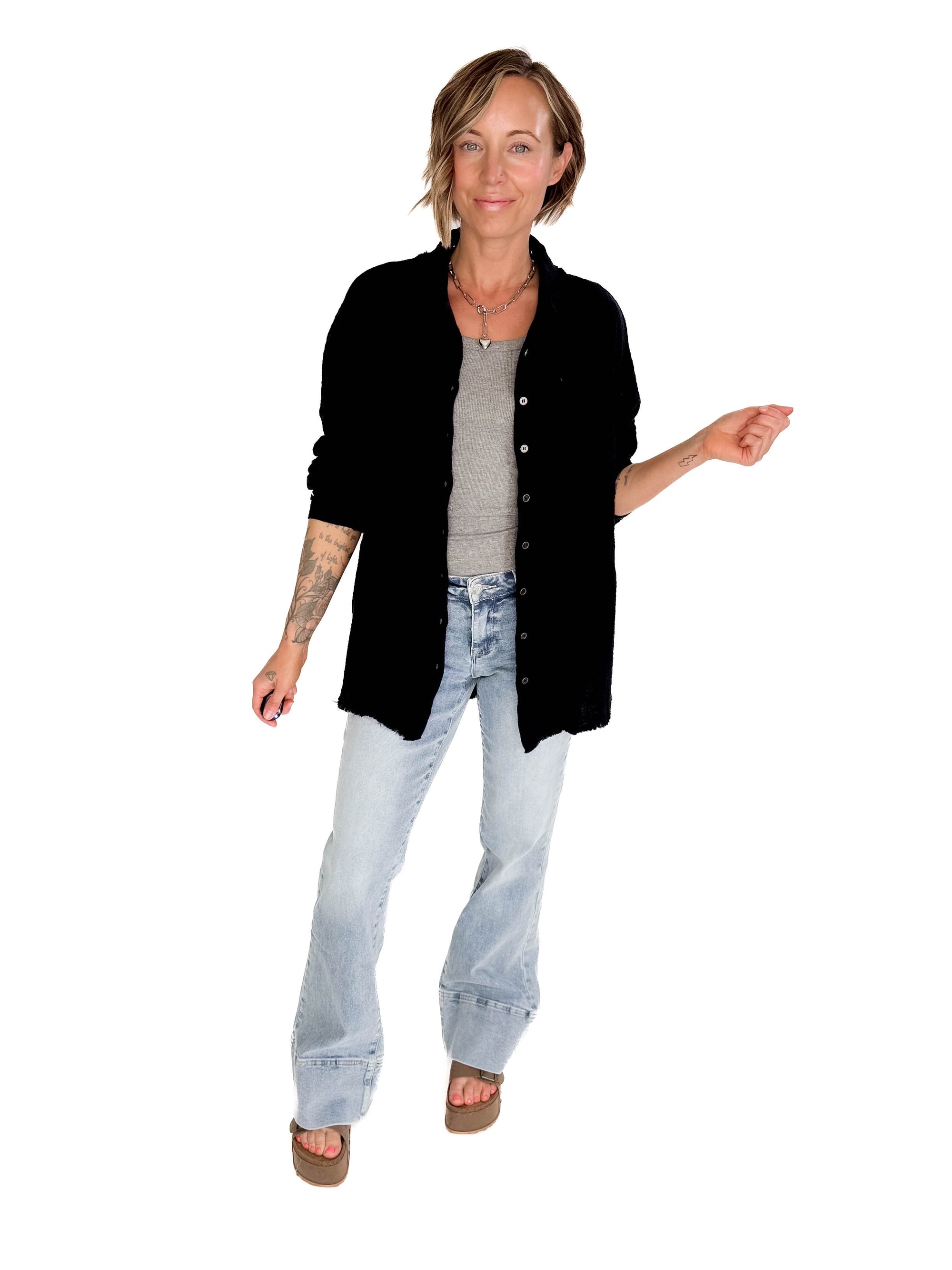 Portia Cotton Gauze Oversized Button Up- BLACK